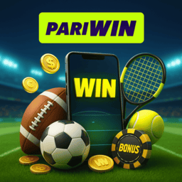 PariWin mobile sports betting app promotional image showing smartphone with WIN text surrounded by football, tennis racket, American football, and golden bonus coins